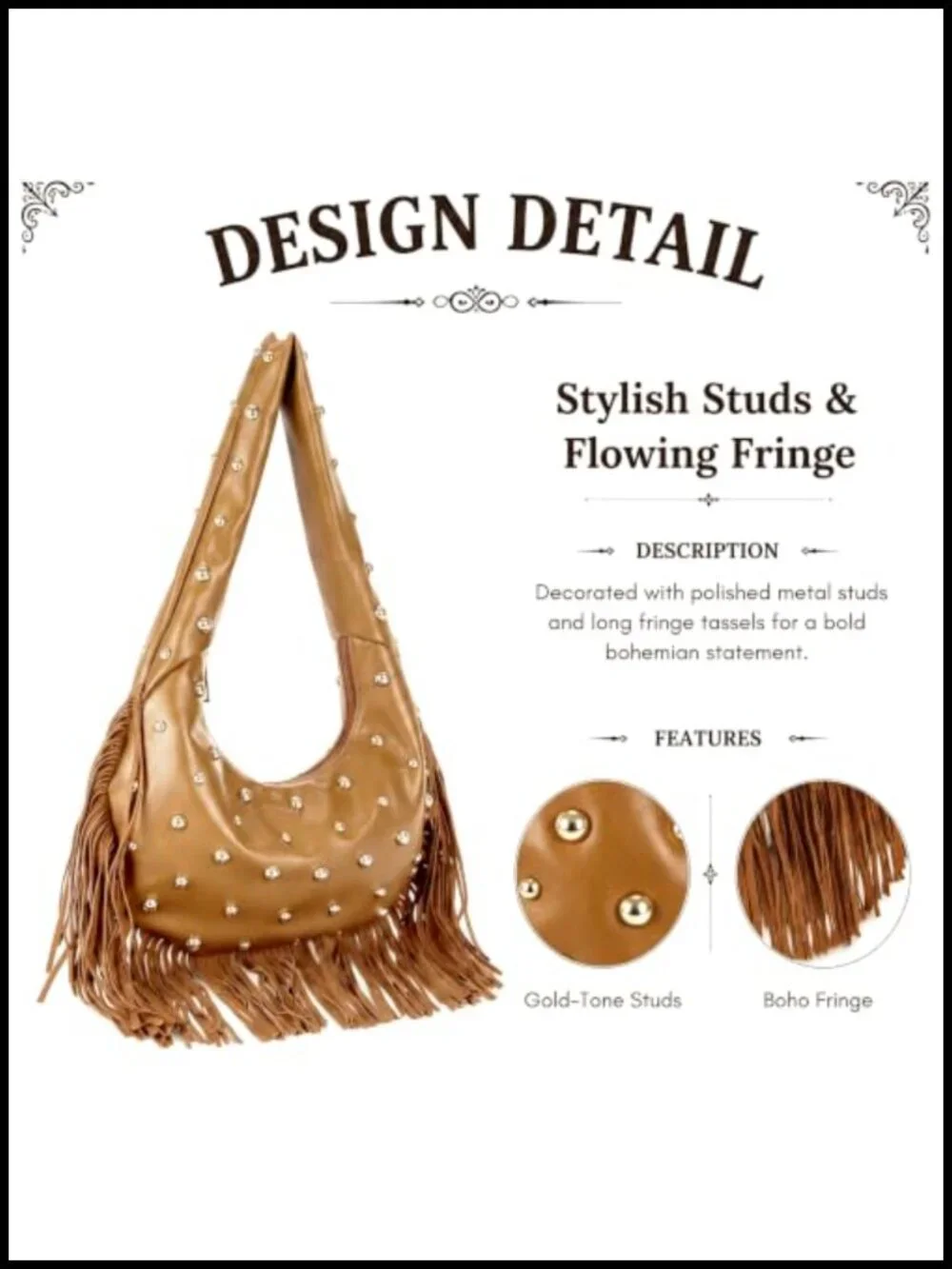 Studded Fringe Hobo Bag Faux Leather Western Cowgirl Tassel Shoulder Purse